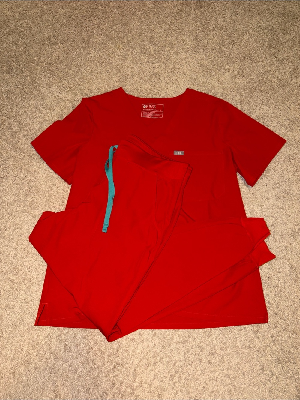 Figs Women's Red Scrub Top and Pants with Teal Drawstring